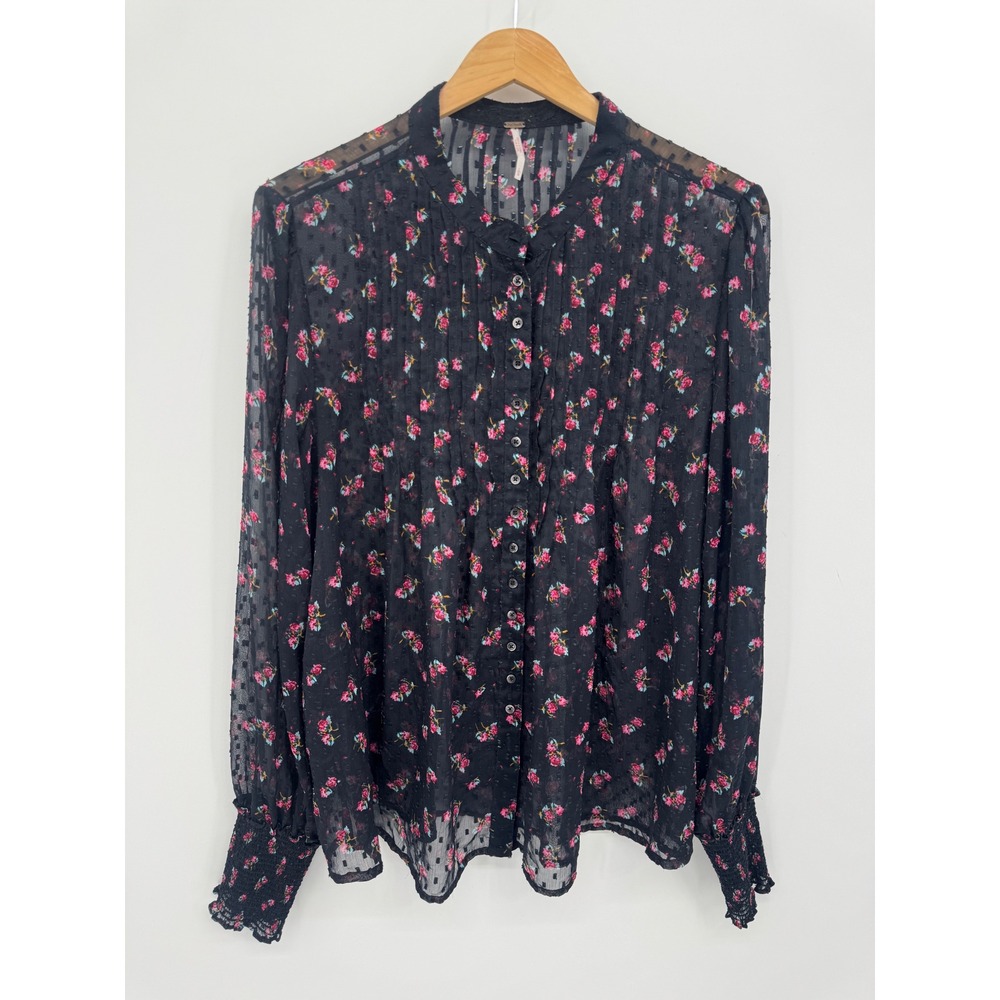 Free People Floral Swiss Dot Blouse Womens L Black Sheer Boho Cottage Romantic